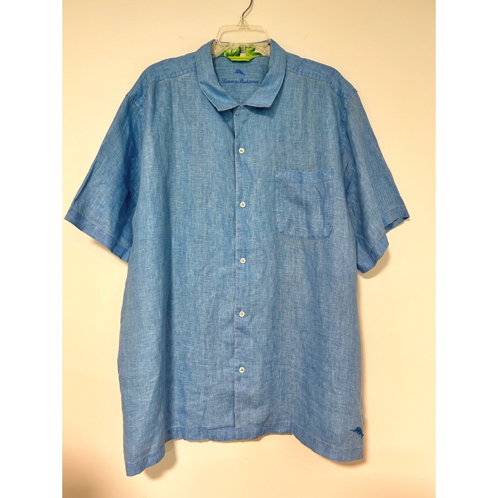 Tommy Bahama Mens XL Blue 100% Linen Short Sleeve Button Down‎ Shirt Marlin Logo
